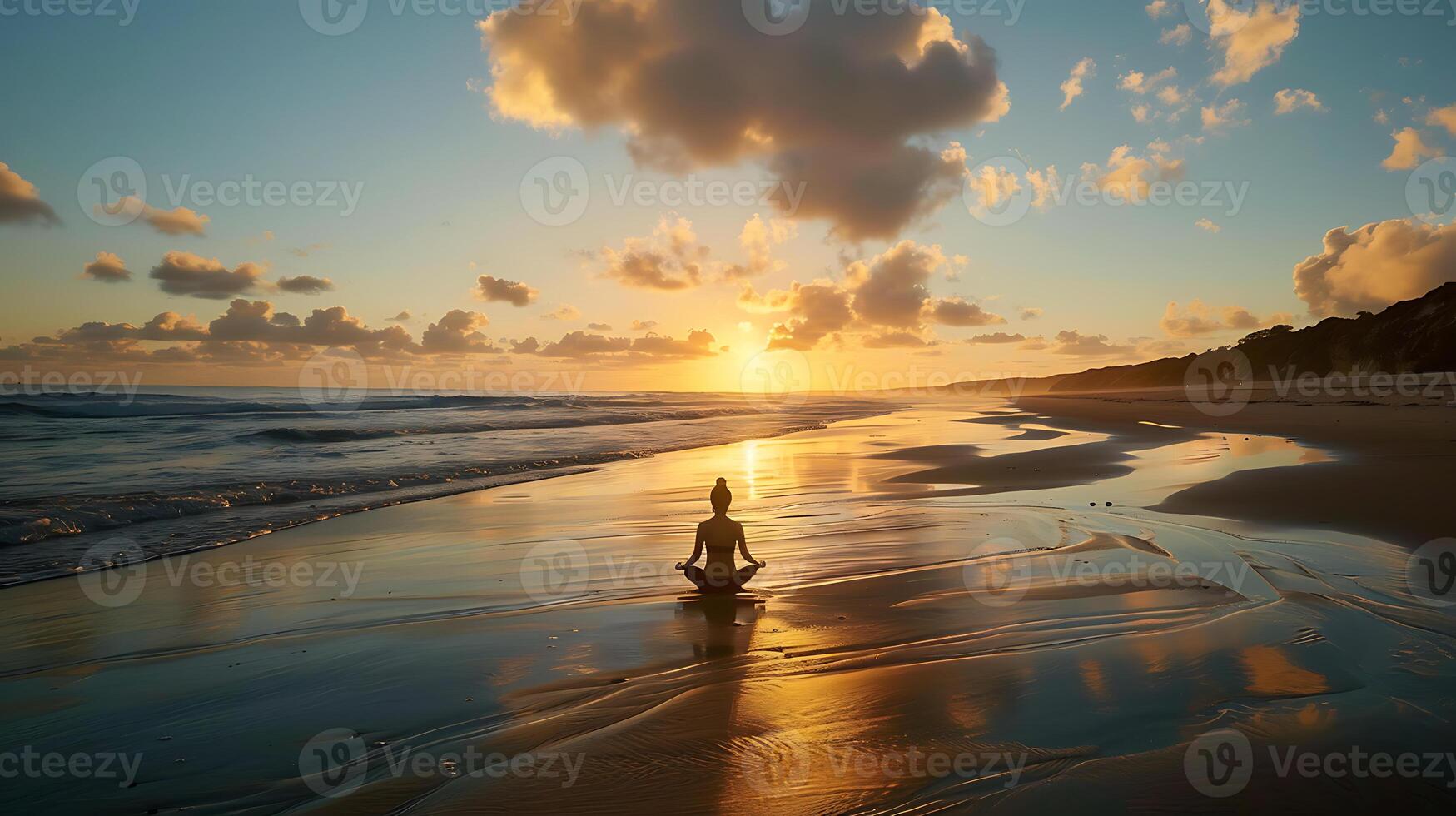 ai gegenereerd sereen strand meditatie Bij zonsopkomst foto
