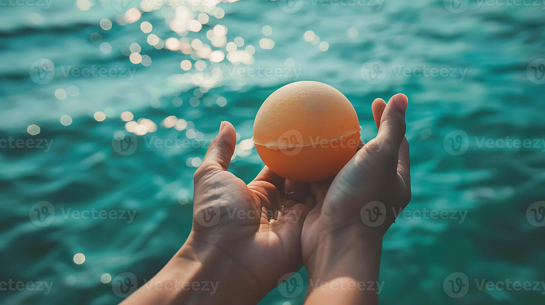 ai gegenereerd handen presenteren een oranje Pel gebied door de zee foto