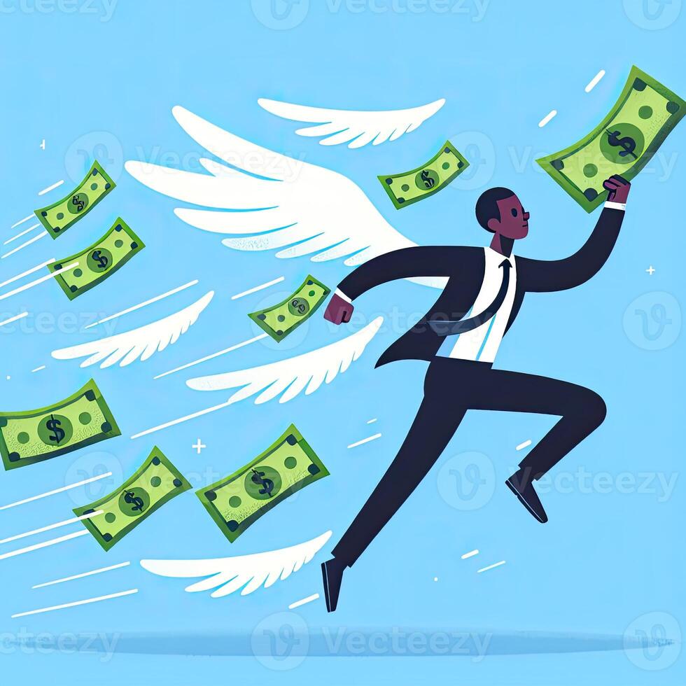 ai gegenereerd Mens rennen na vliegend dollars met. tekenfilm zakenman rennen na vliegend geld rekeningen. foto