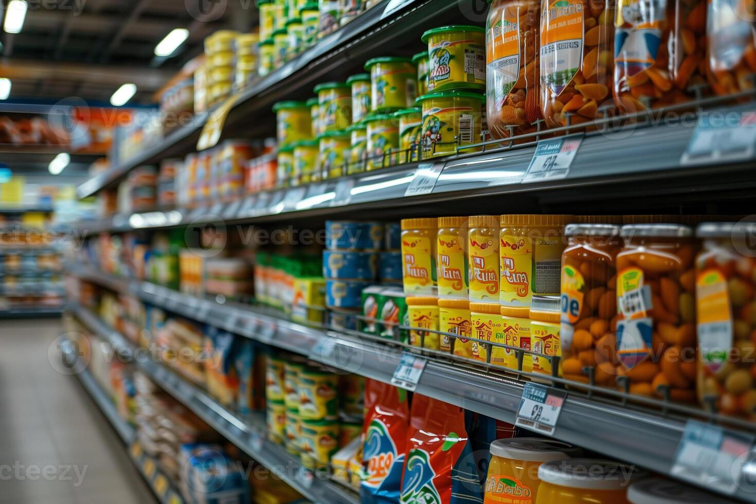 ai gegenereerd supermarkt schappen met verschillend producten, Ondiep diepte van veld- foto