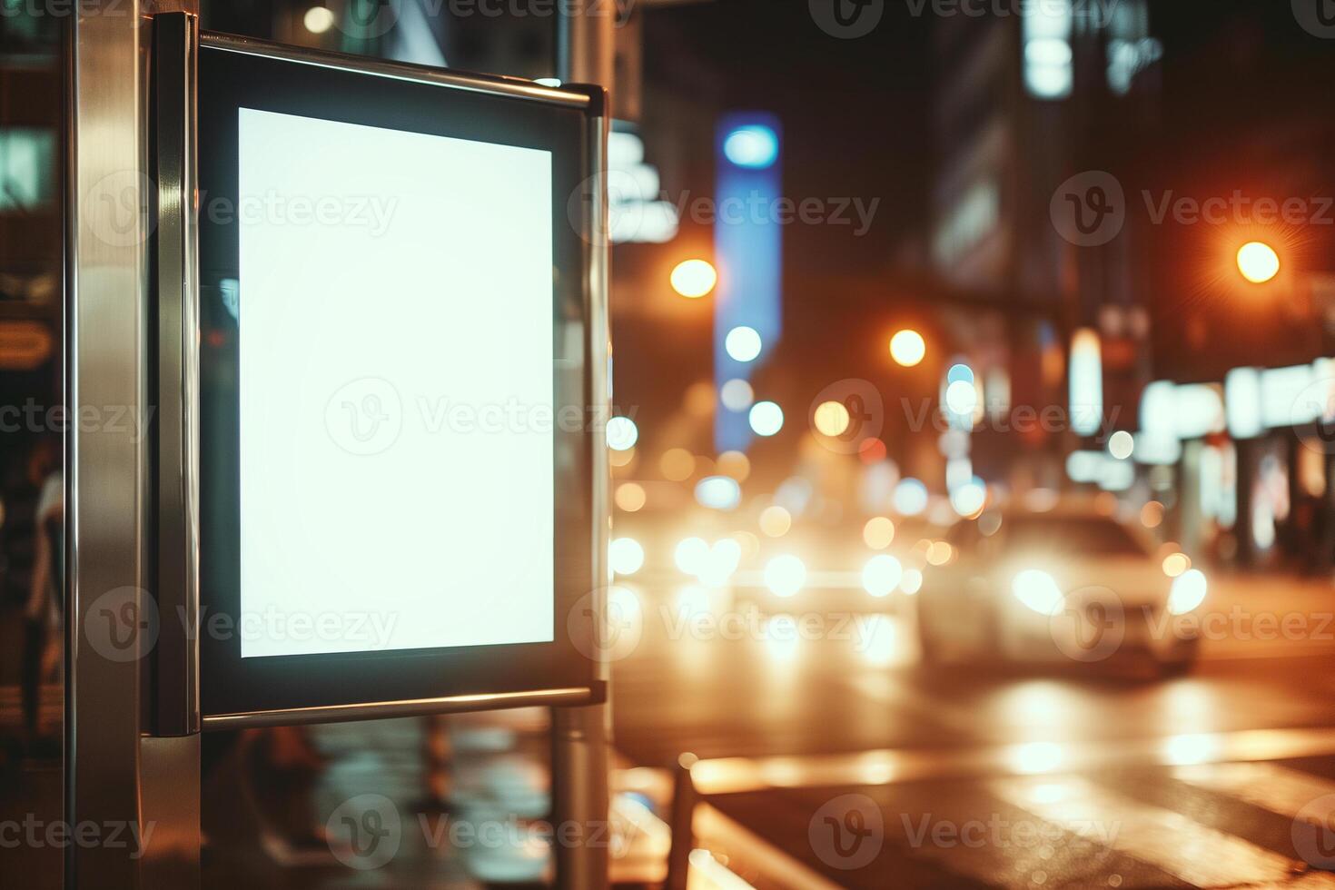 ai gegenereerd verlichte blanco aanplakbord met kopiëren ruimte voor uw tekst bericht of inhoud, openbaar informatie bord in nacht stad met mooi schemer Aan achtergrond, reclame bespotten omhoog banier foto