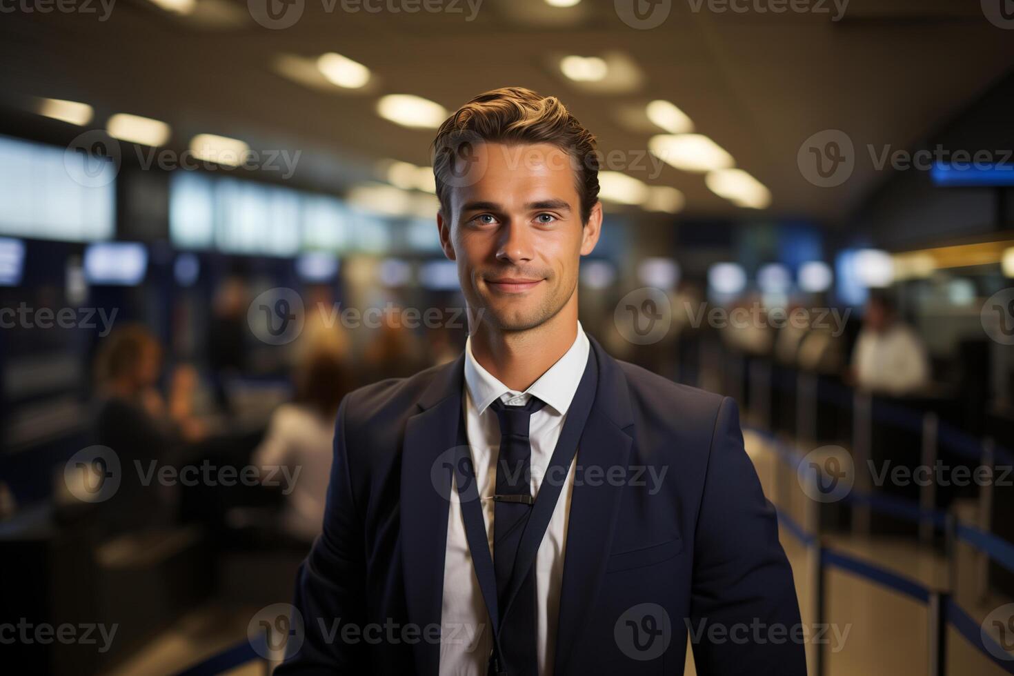 ai gegenereerd portret van een luchthaven werknemer Bij de Check in teller foto