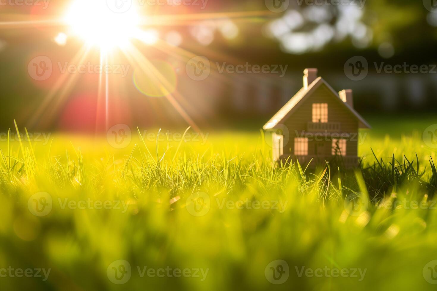 ai gegenereerd miniatuur huis Aan de weide in de stralen van de instelling zon foto