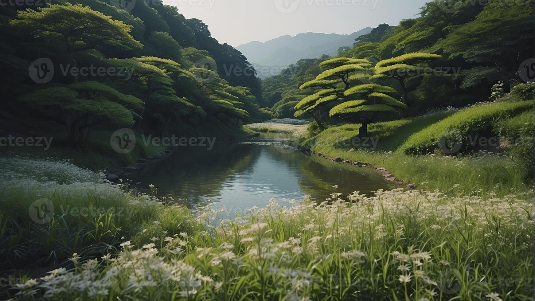 ai gegenereerd Japans natuur, Japans natuur landschap, natuur in lente, groen natuur foto