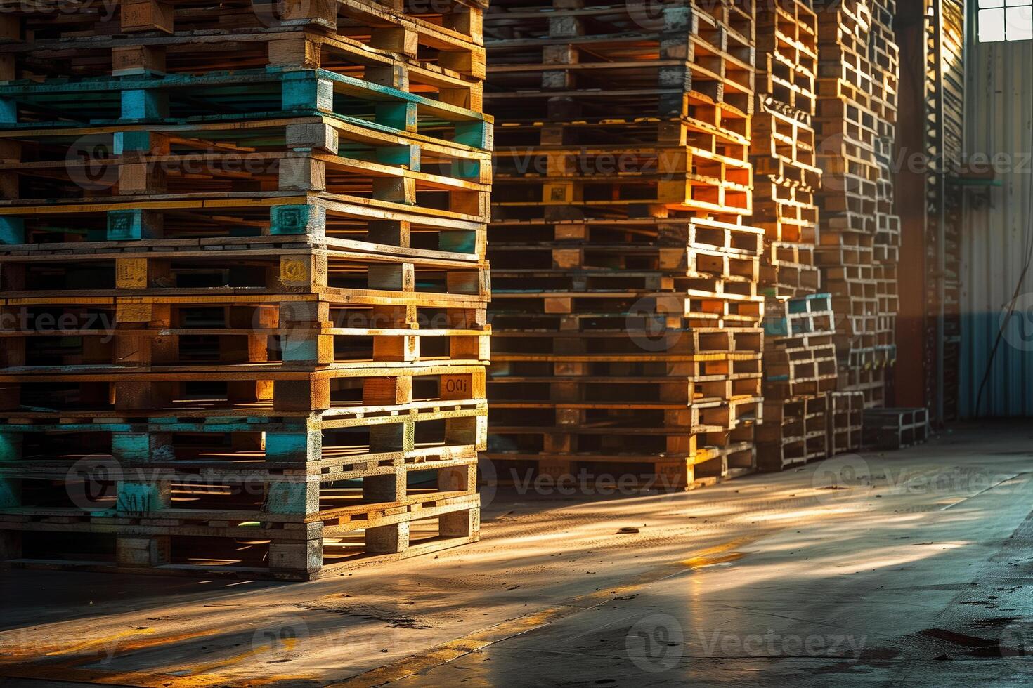 ai gegenereerd houten pallets voor vervoer van goederen in de magazijn Bij zonsondergang foto