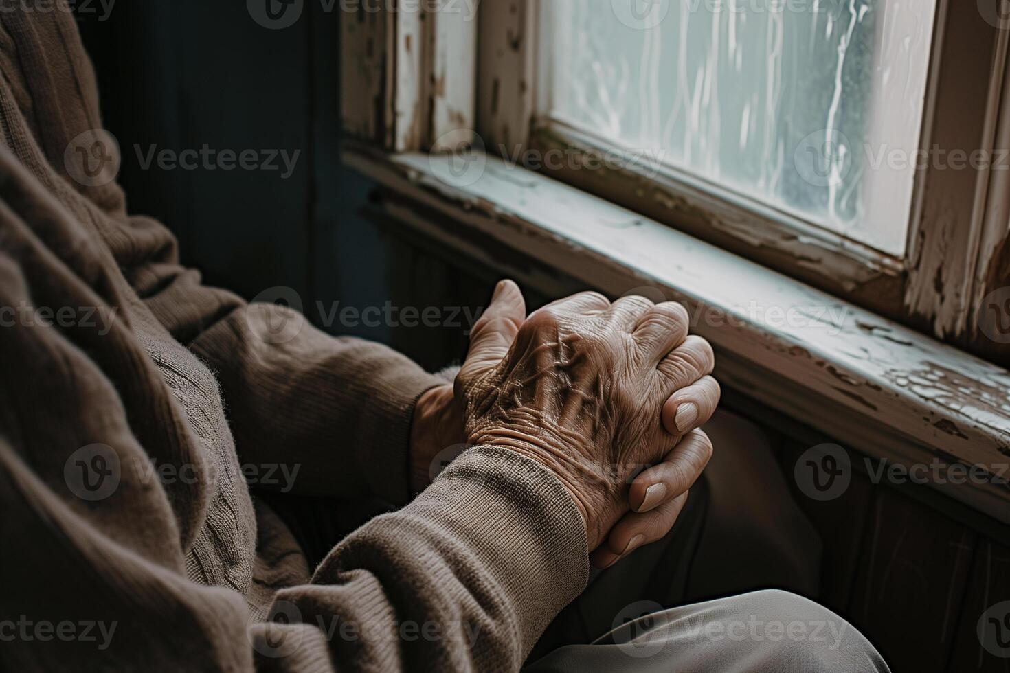 ai gegenereerd gevouwen handen van een ouderen Mens zittend Bij de vensterbank, eenzaam oud leeftijd foto