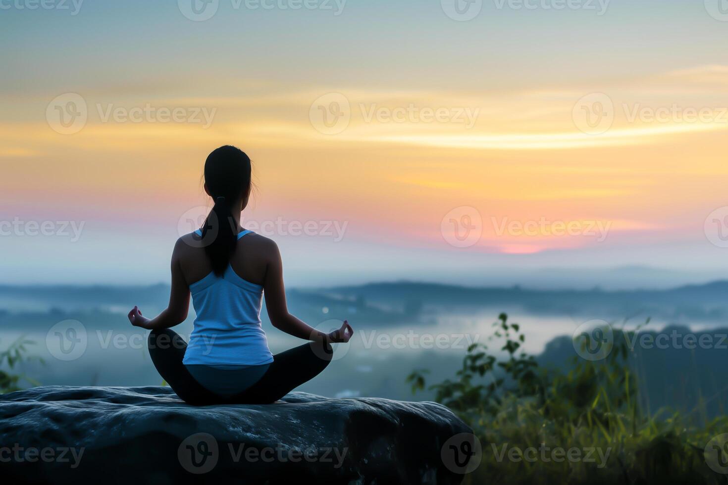 ai gegenereerd jong vrouw mediteren in lotus positie Aan berg top Bij zonsopkomst foto