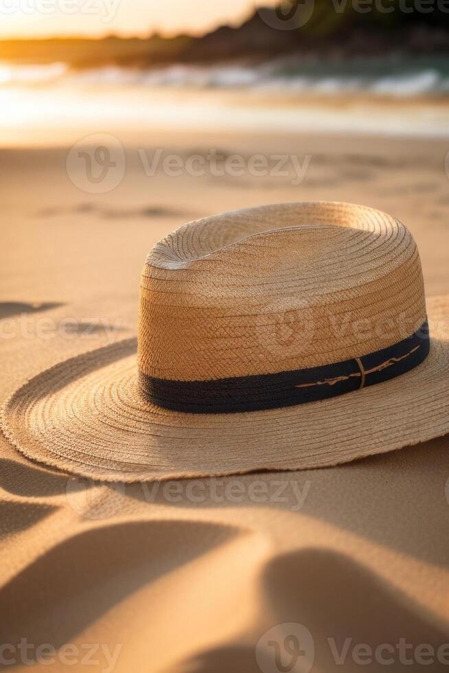 ai gegenereerd een rietje hoed zit Aan de zand in de strand. foto