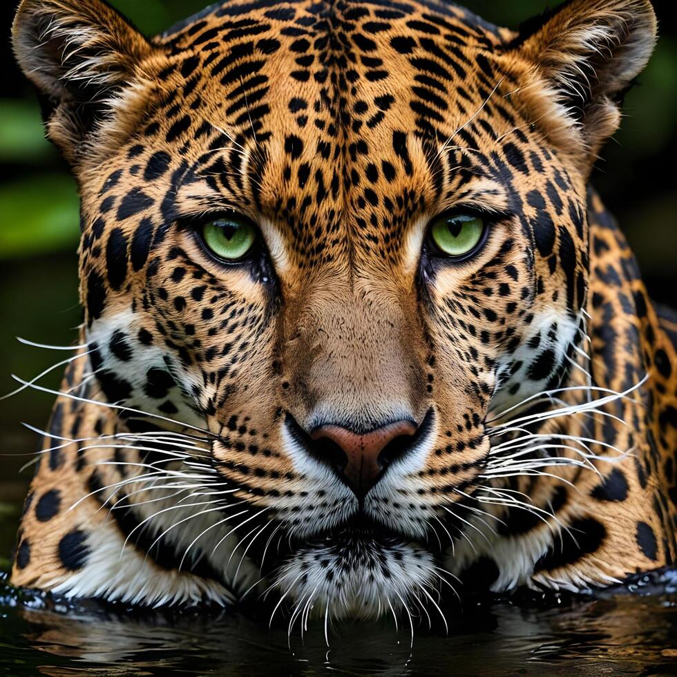 ai gegenereerd een detailopname van een jaguars gezicht in de water foto