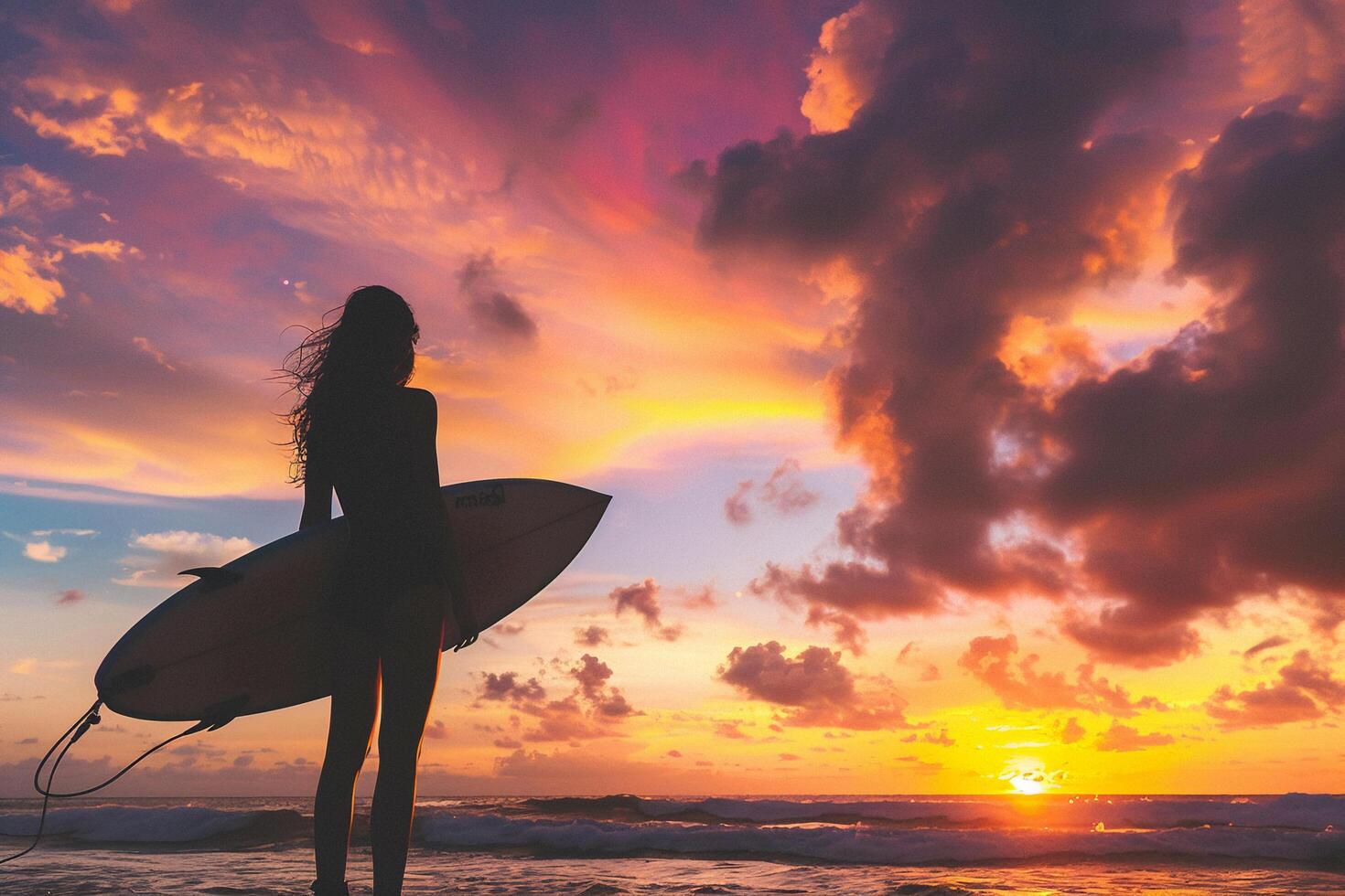 ai gegenereerd silhouet van surfer vrouw Bij zonsondergang met ai gegenereerd. foto