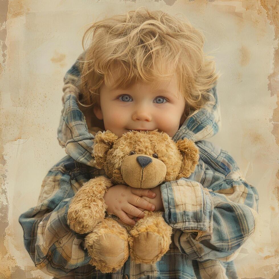 ai gegenereerd kind Holding teddy beer schilderij foto