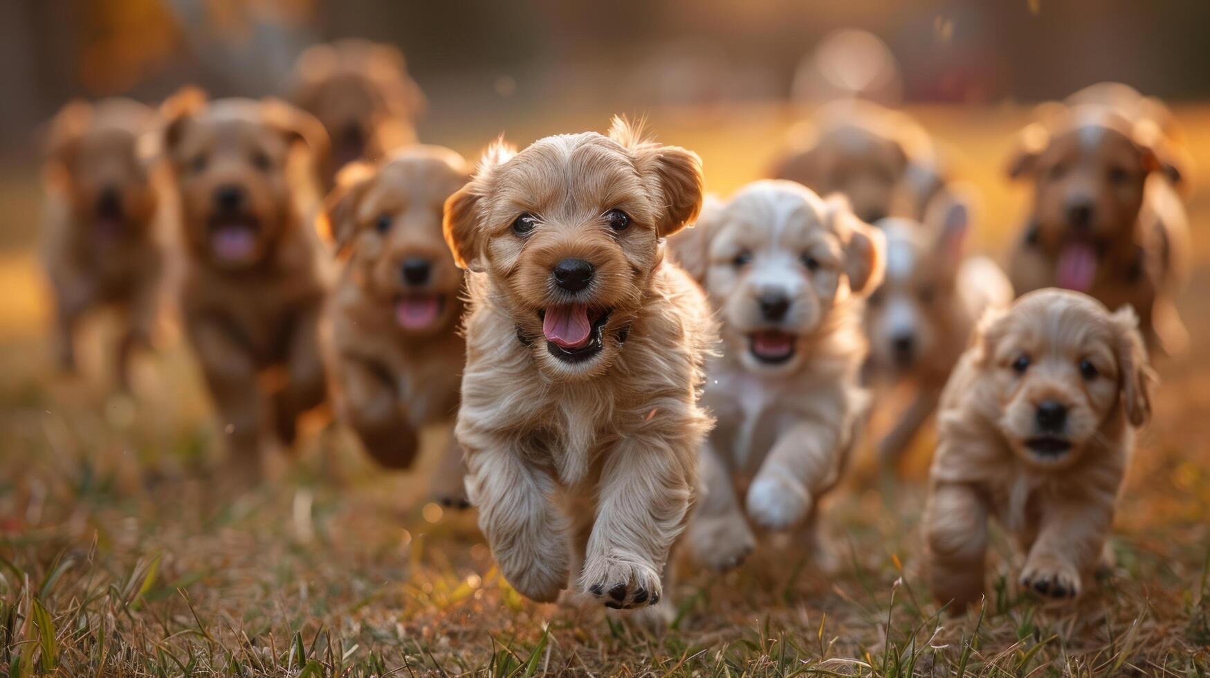 ai gegenereerd groep van honden rennen door Woud foto