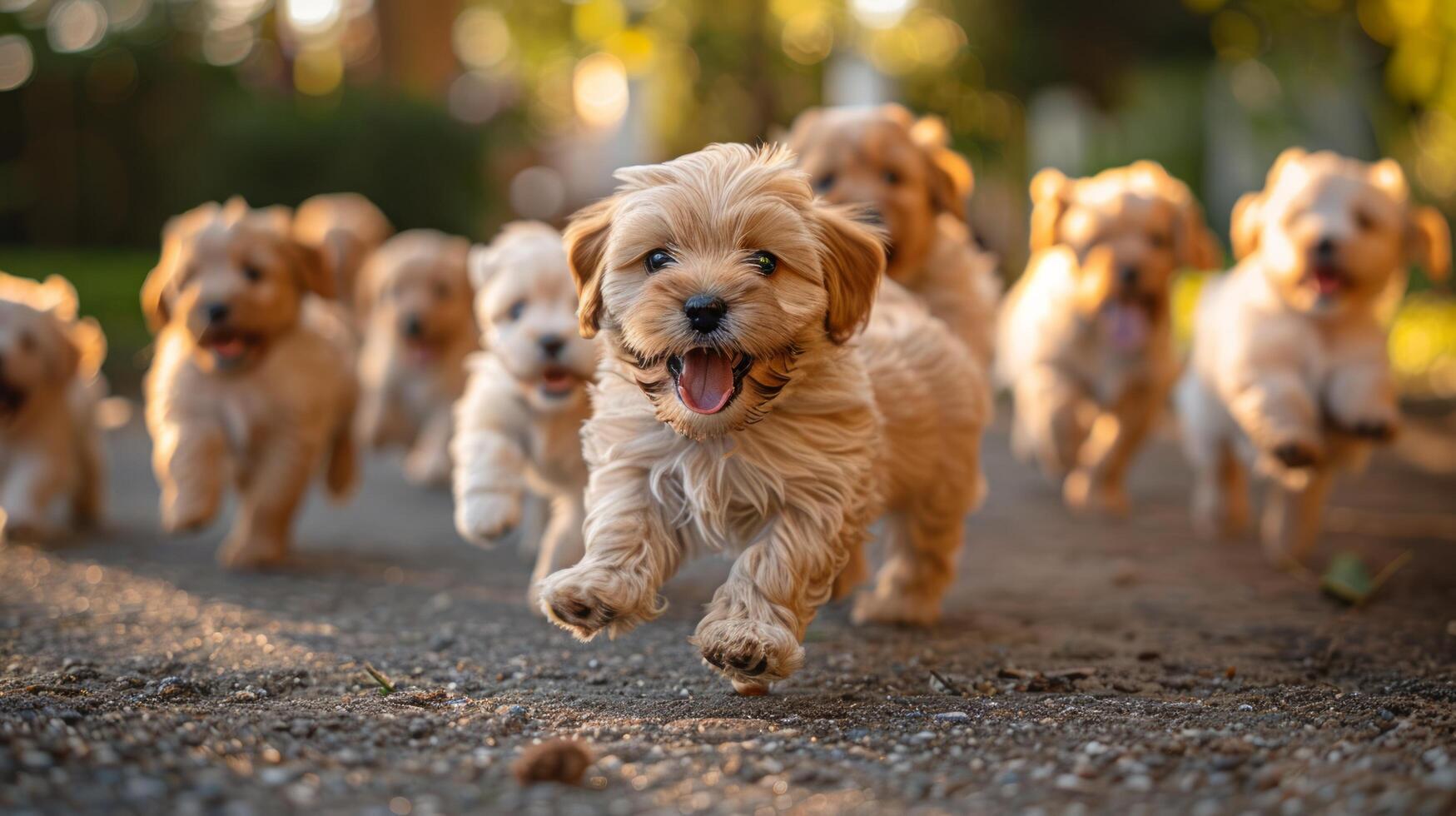 ai gegenereerd groep van puppy's rennen door Woud foto