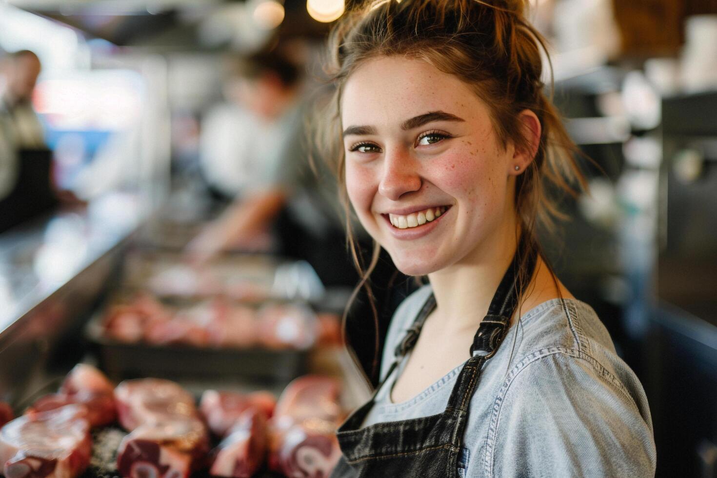 ai gegenereerd glimlachen vrouw slager in voorkant van vlees Scherm. foto