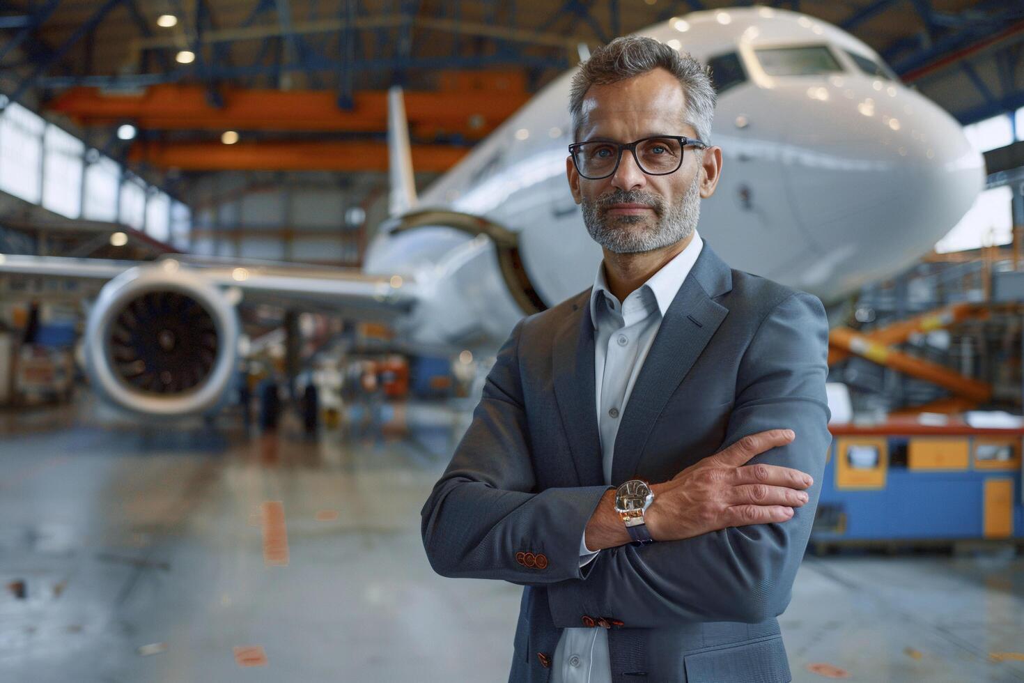 ai gegenereerd zelfverzekerd zakenman Bij luchthaven hangar. foto