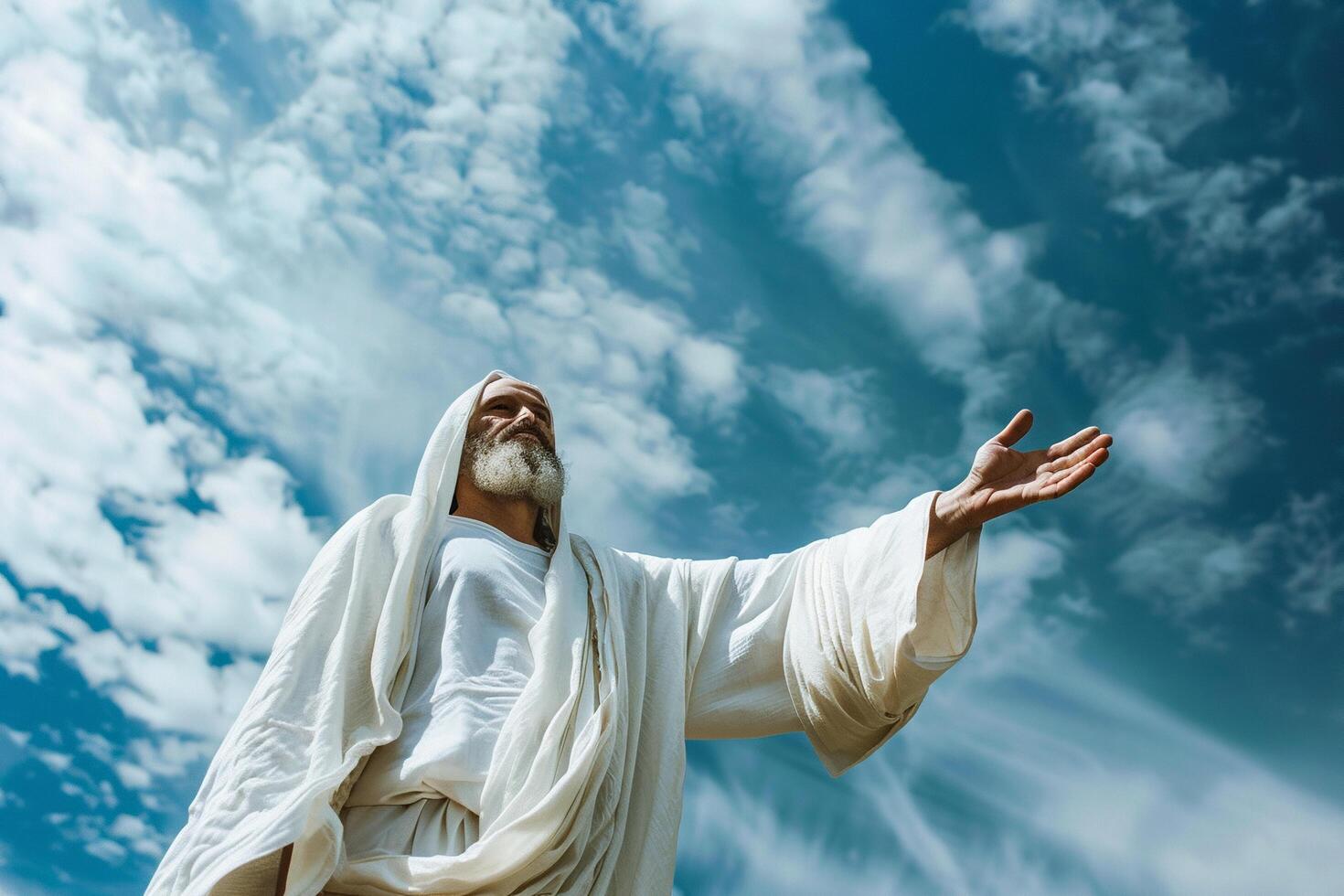 ai gegenereerd Mens afbeelden Jezus aanbieden hand- tegen lucht met ai gegenereerd. foto