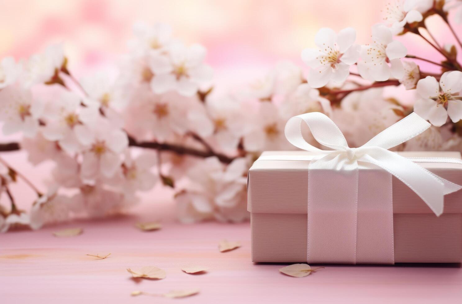 ai gegenereerd een wit geschenk doos is getoond Aan een roze bloesem achtergrond, gebeurtenissen foto