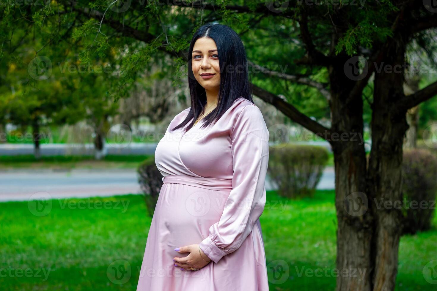 de zwanger vrouw in de park, mooi vrouw in de park, zwanger vrouw in voorjaar foto