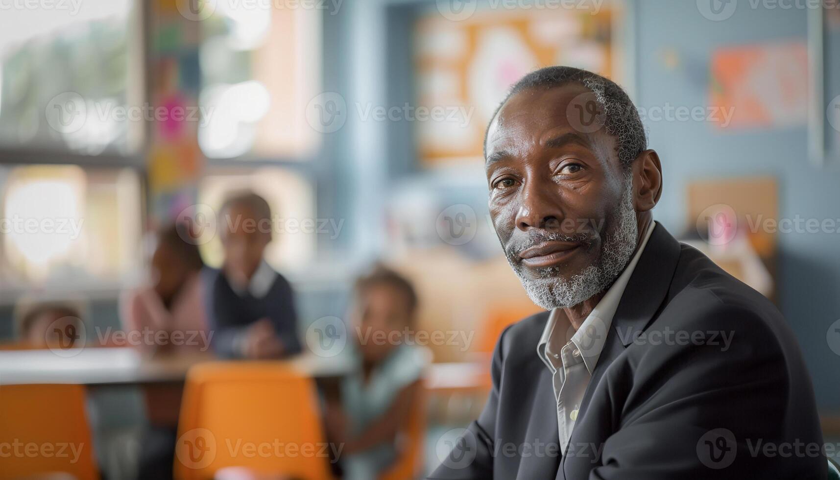 ai gegenereerd ouderen Afrikaanse Amerikaans mannetje leraar met studenten in achtergrond klas foto