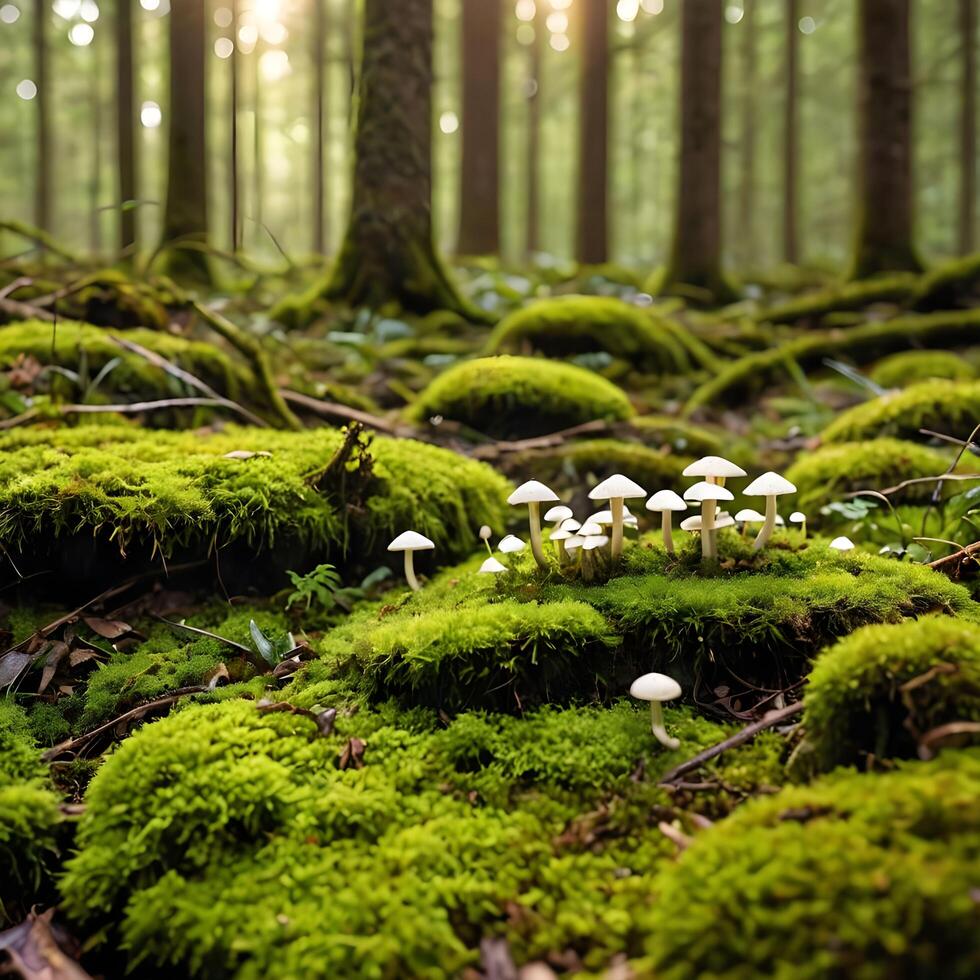 ai gegenereerd mystiek Woud met mos en champignons foto