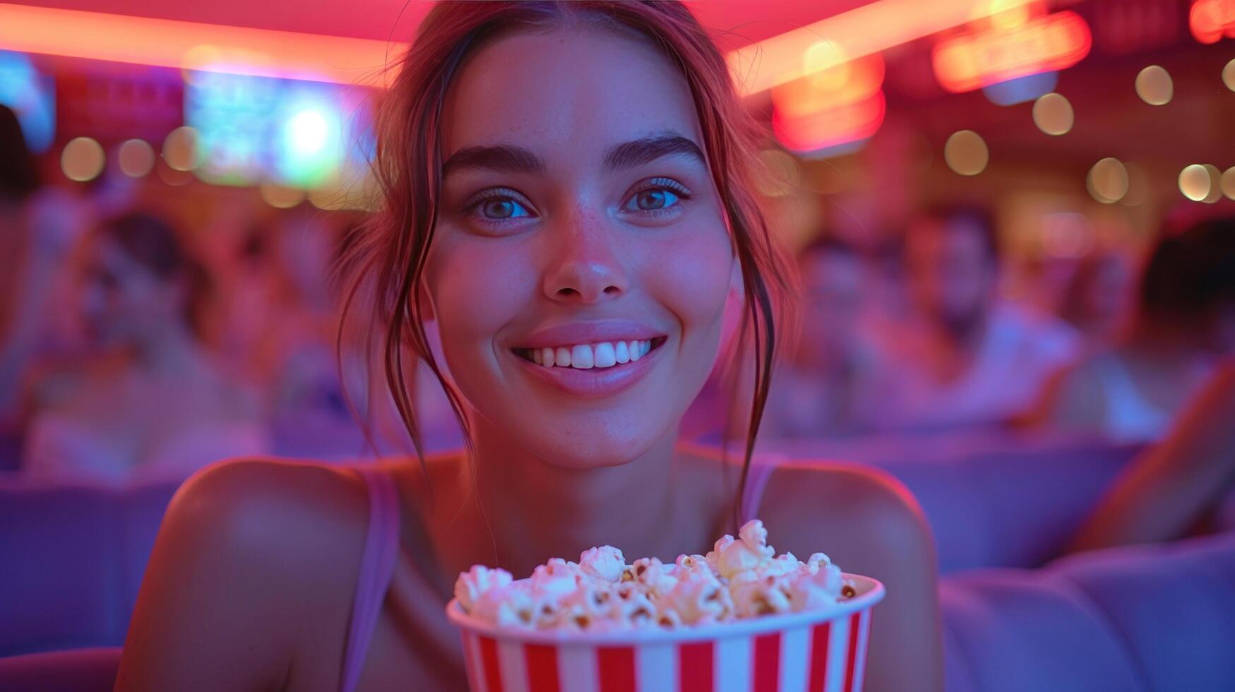ai gegenereerd een glimlachen jong vrouw zittend in de bioscoop en aan het eten popcorn film foto
