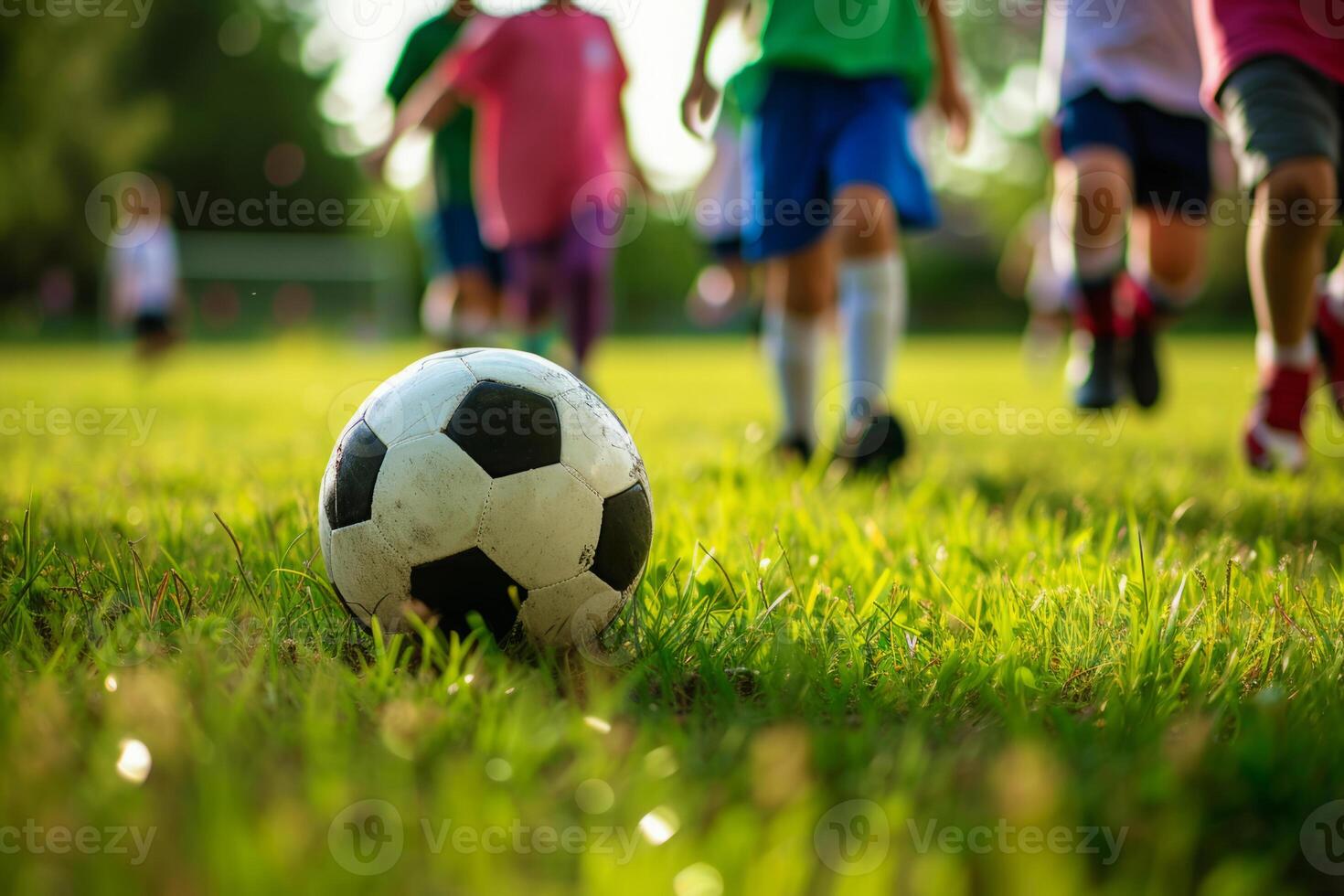 ai gegenereerd kinderen spelen in een vriendelijk voetbal bij elkaar passen foto