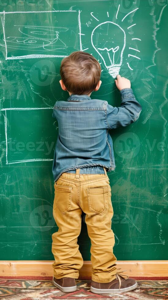 ai gegenereerd jong jongen tekening een licht lamp Aan schoolbord in klas foto