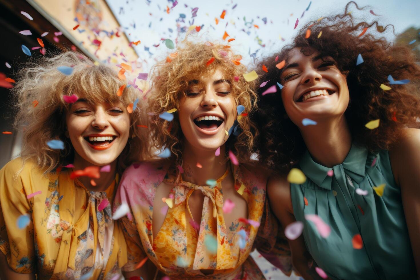 ai gegenereerd drie Dames zijn het werpen confetti in de lucht foto