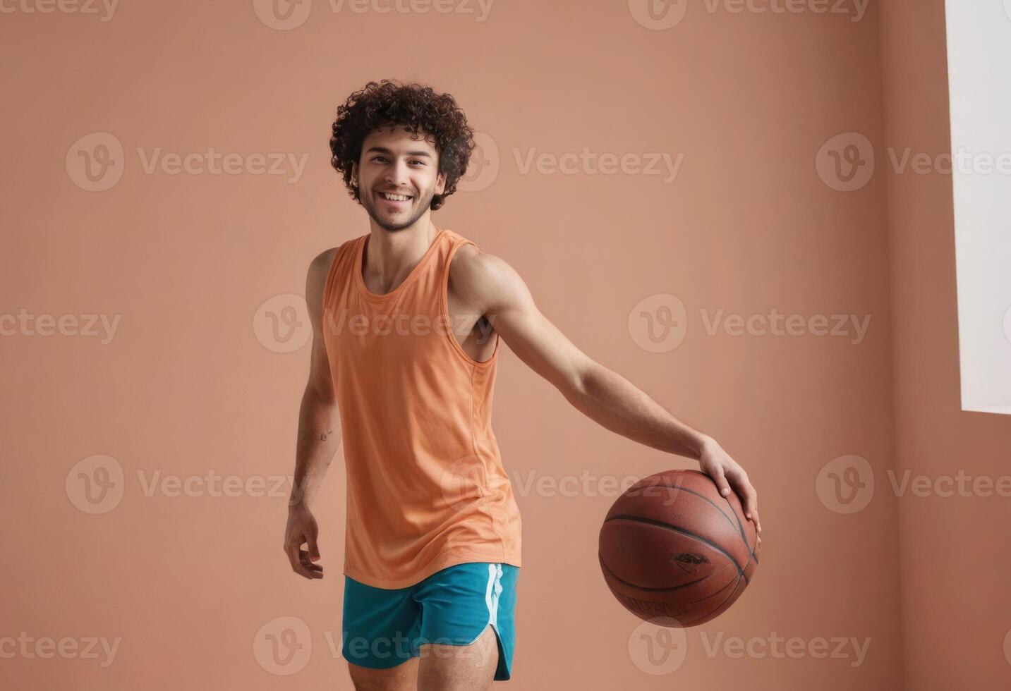 ai gegenereerd een basketbal speler in beweging, gefocust Aan dribbelen de bal met een speels houding. foto