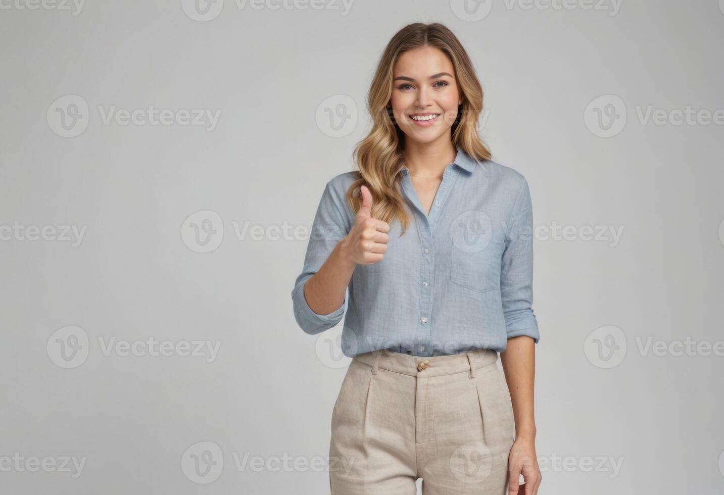 ai gegenereerd een jong volwassen vrouw met blond haar- glimlacht en geeft een duimen omhoog. zij is gekleed in een licht blauw overhemd en beige broek. foto