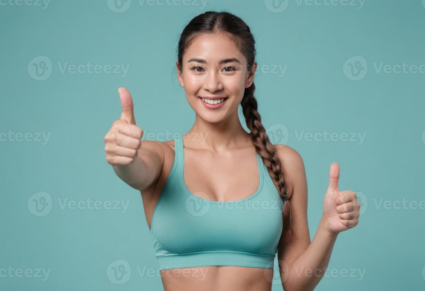 ai gegenereerd een positief en glimlachen vrouw in een sport- beha geven dubbele duimen omhoog, taling achtergrond. haar enthousiast gebaar en fit lichaamsbouw reflecteren een toewijding naar welzijn en oefening. foto