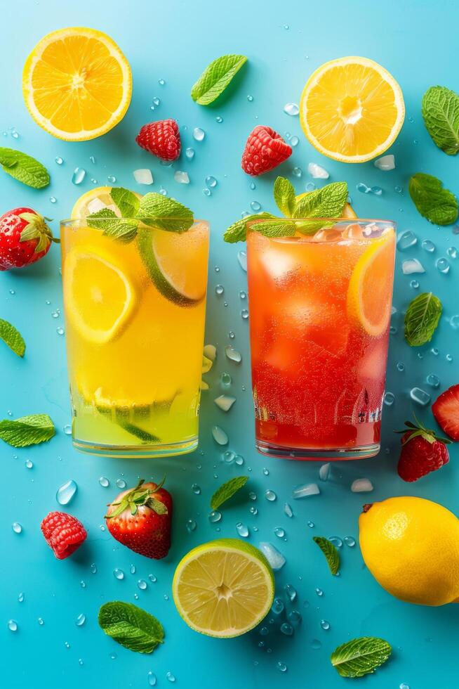 ai gegenereerd een minimalistische arrangement van kleurrijk zomer drankjes Leuk vinden limonade en fruit smoothies foto