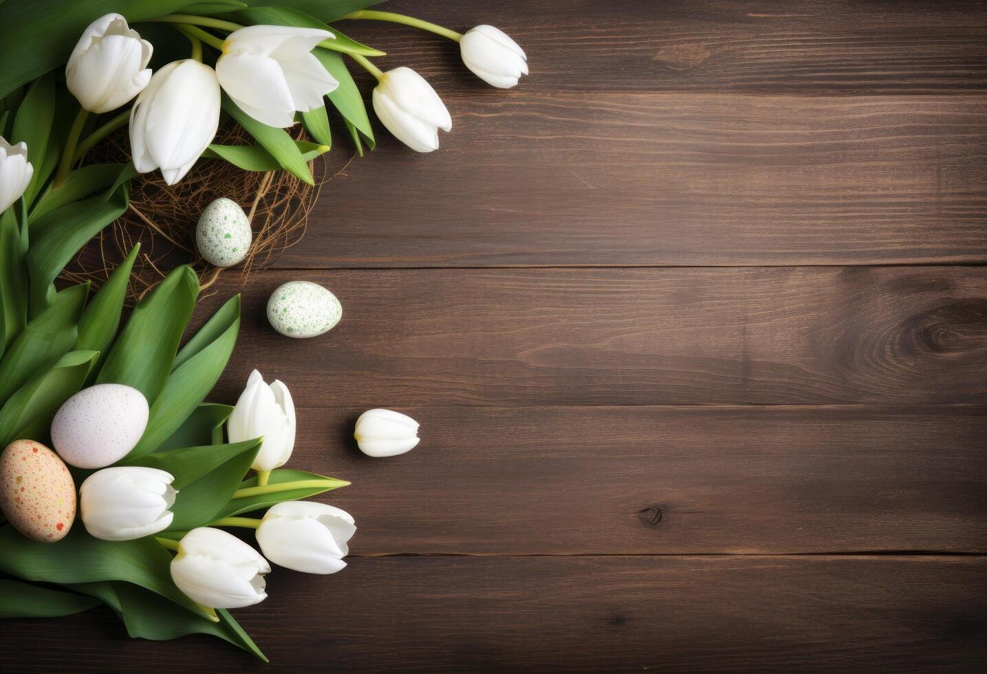 ai gegenereerd een groen Pasen kaart Aan hout met tulpen en eieren foto