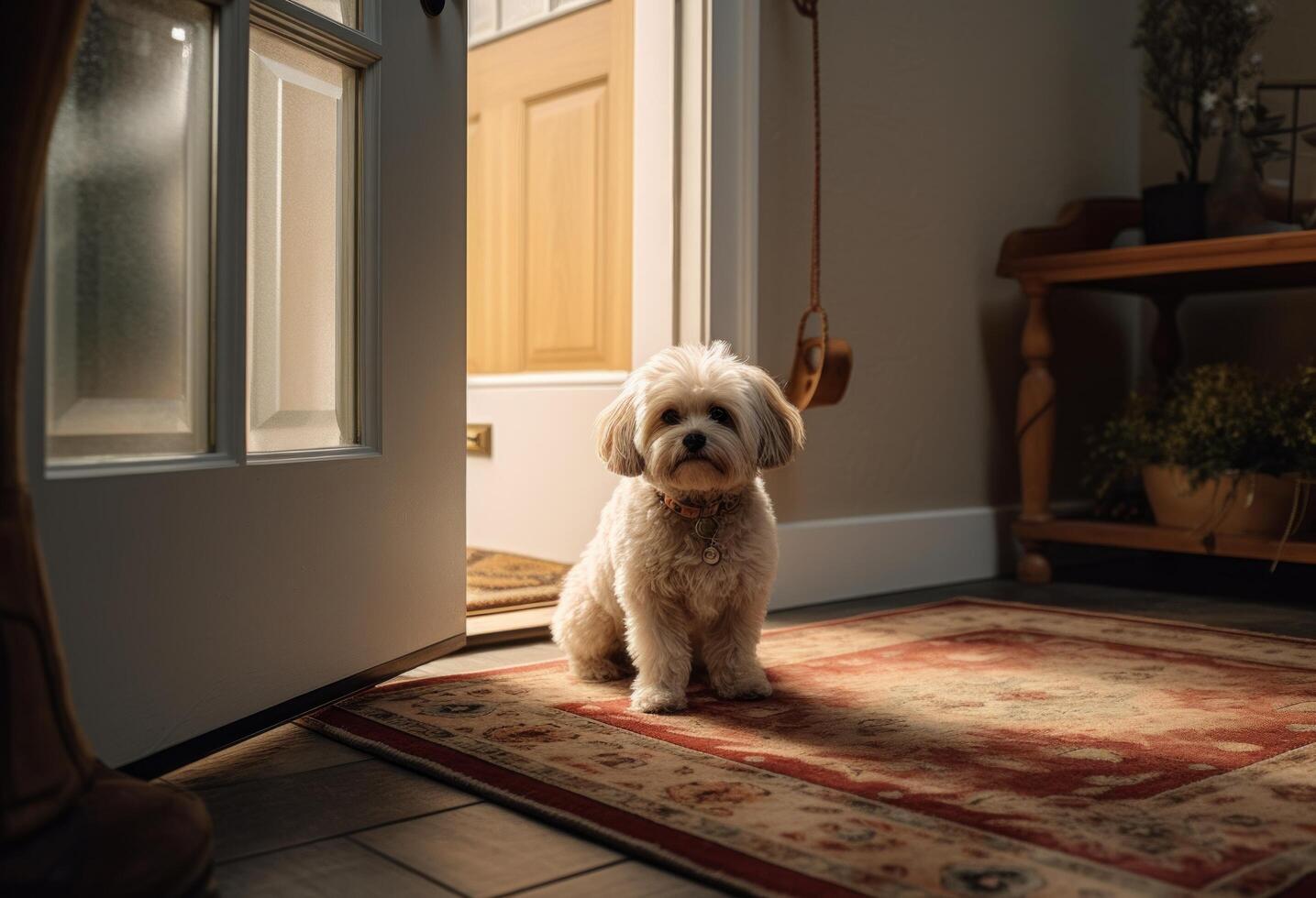 ai gegenereerd een hond zit Aan een tapijt in voorkant van Open deur foto