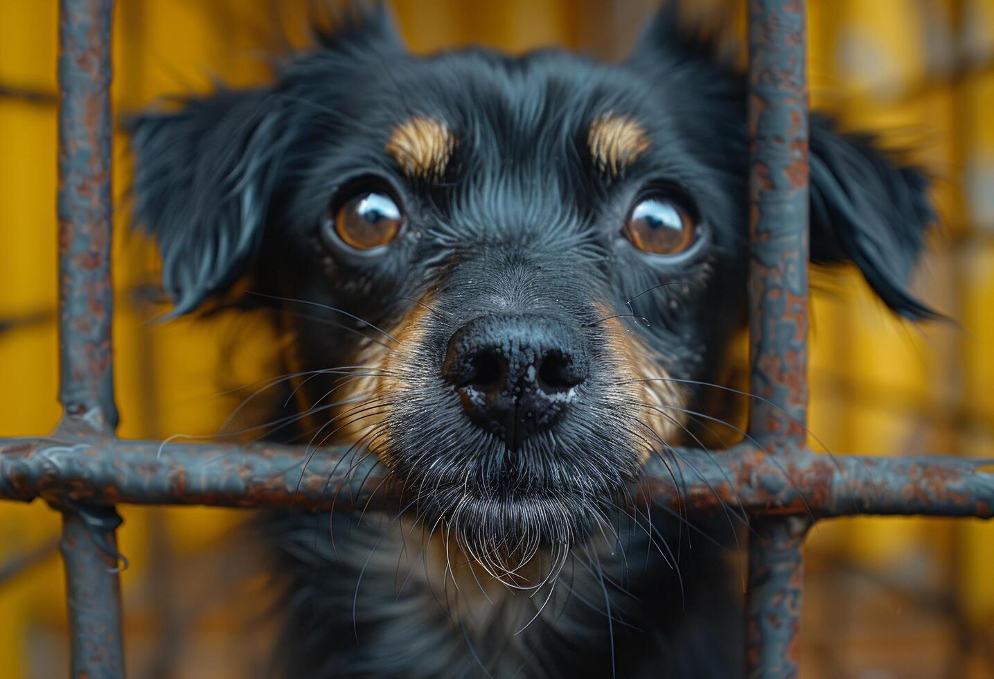 ai gegenereerd een zwart en wit puppy in een kooi op zoek uit van de venster foto