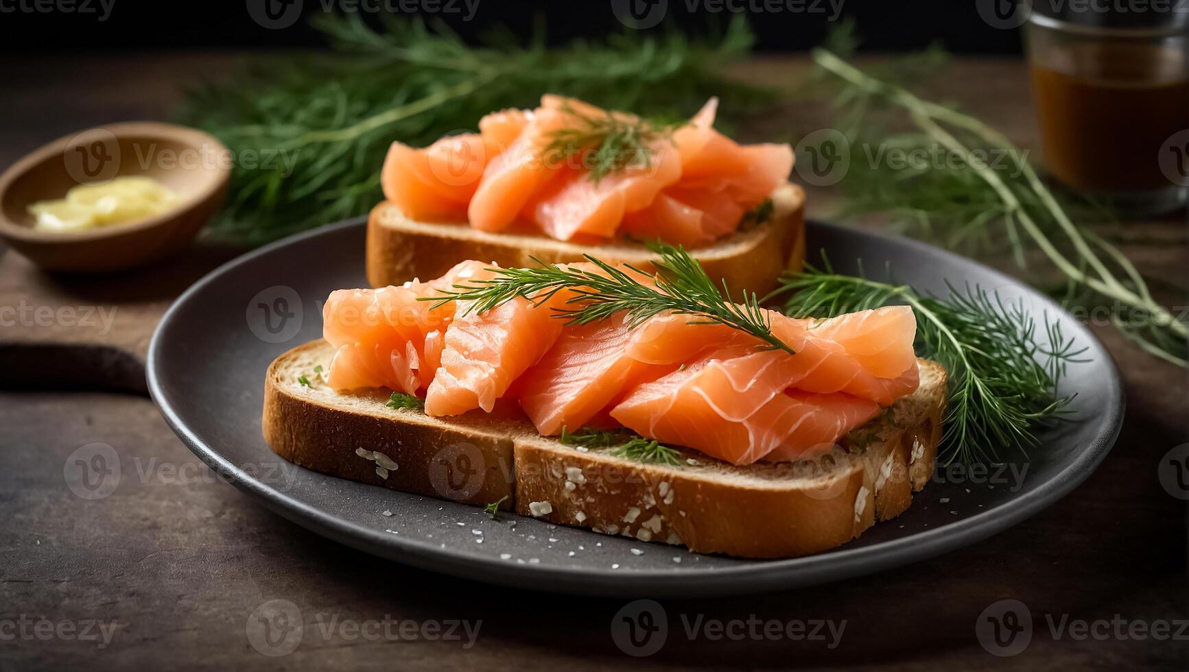 ai gegenereerd brood met vers Zalm gesneden heerlijk Zalm Aan een bord foto