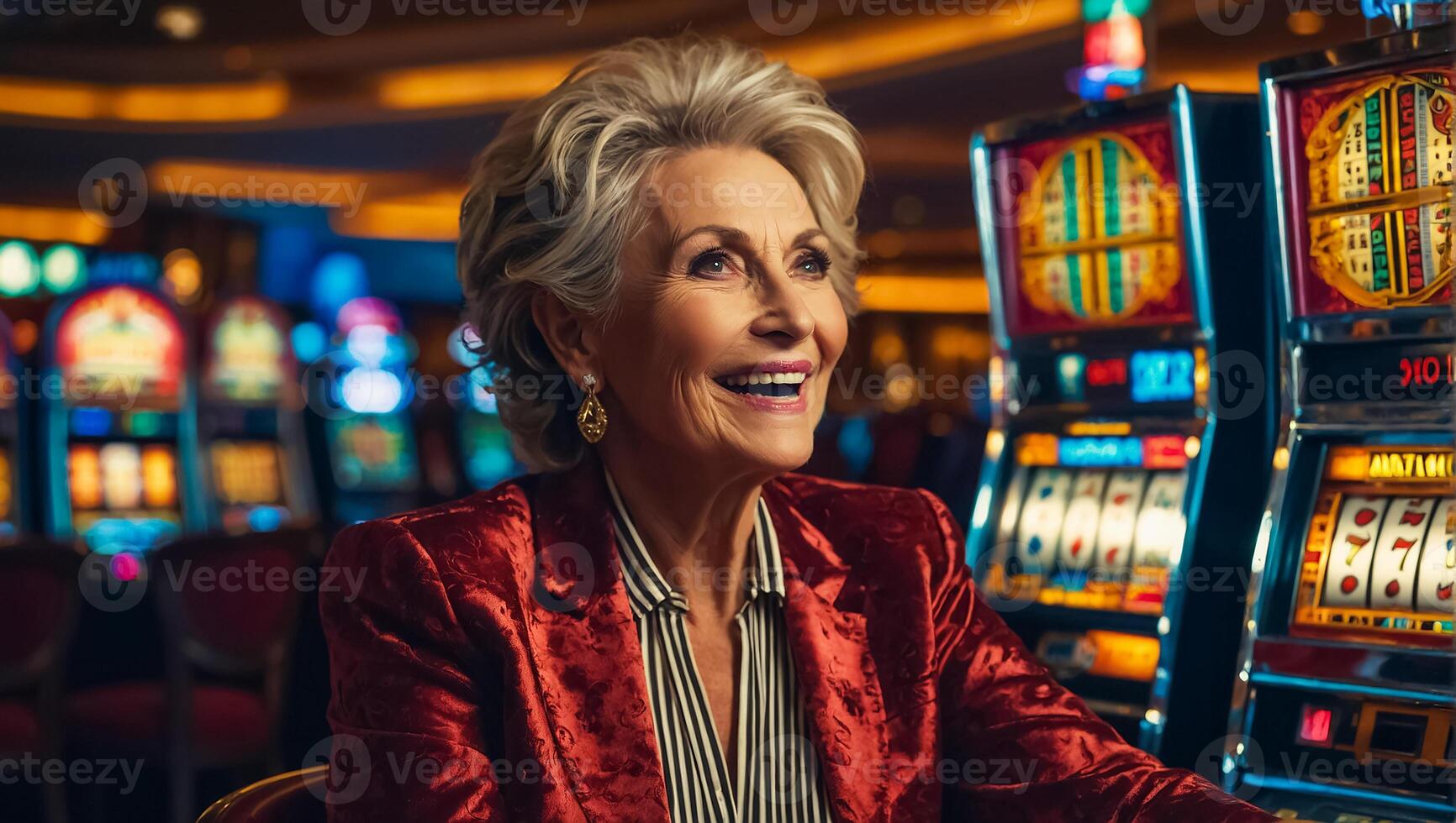 ai gegenereerd mooi ouderen vrouw spelen casino sleuf machine foto