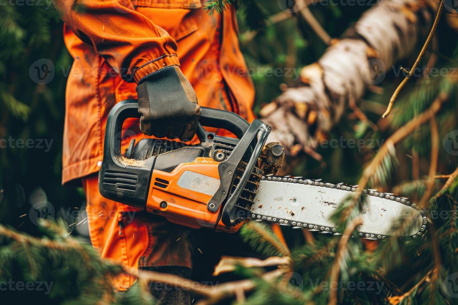 ai gegenereerd Mens Holding een kettingzaag en besnoeiing bomen. houthakker Bij werk draagt oranje persoonlijk beschermend apparatuur. de professioneel bezetting van een bosbouw arbeider foto