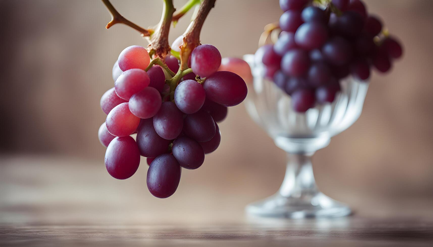 ai gegenereerd druiven in een glas en Aan een tafel foto