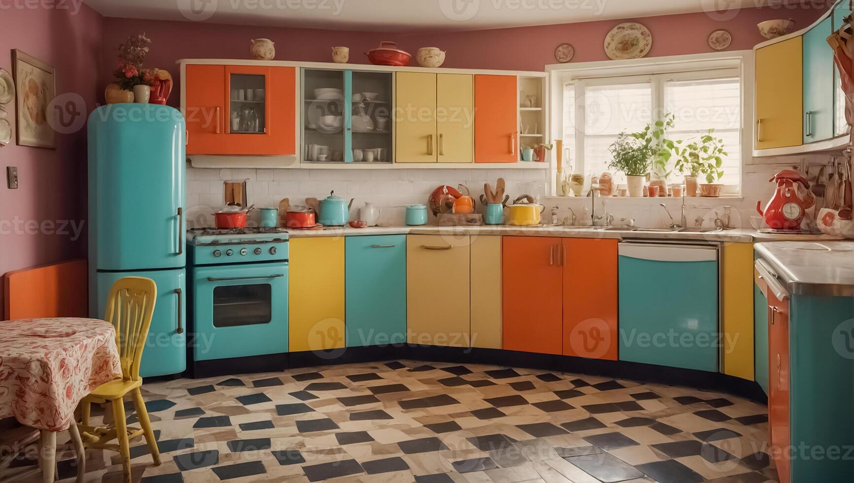 ai gegenereerd retro kleur keuken foto