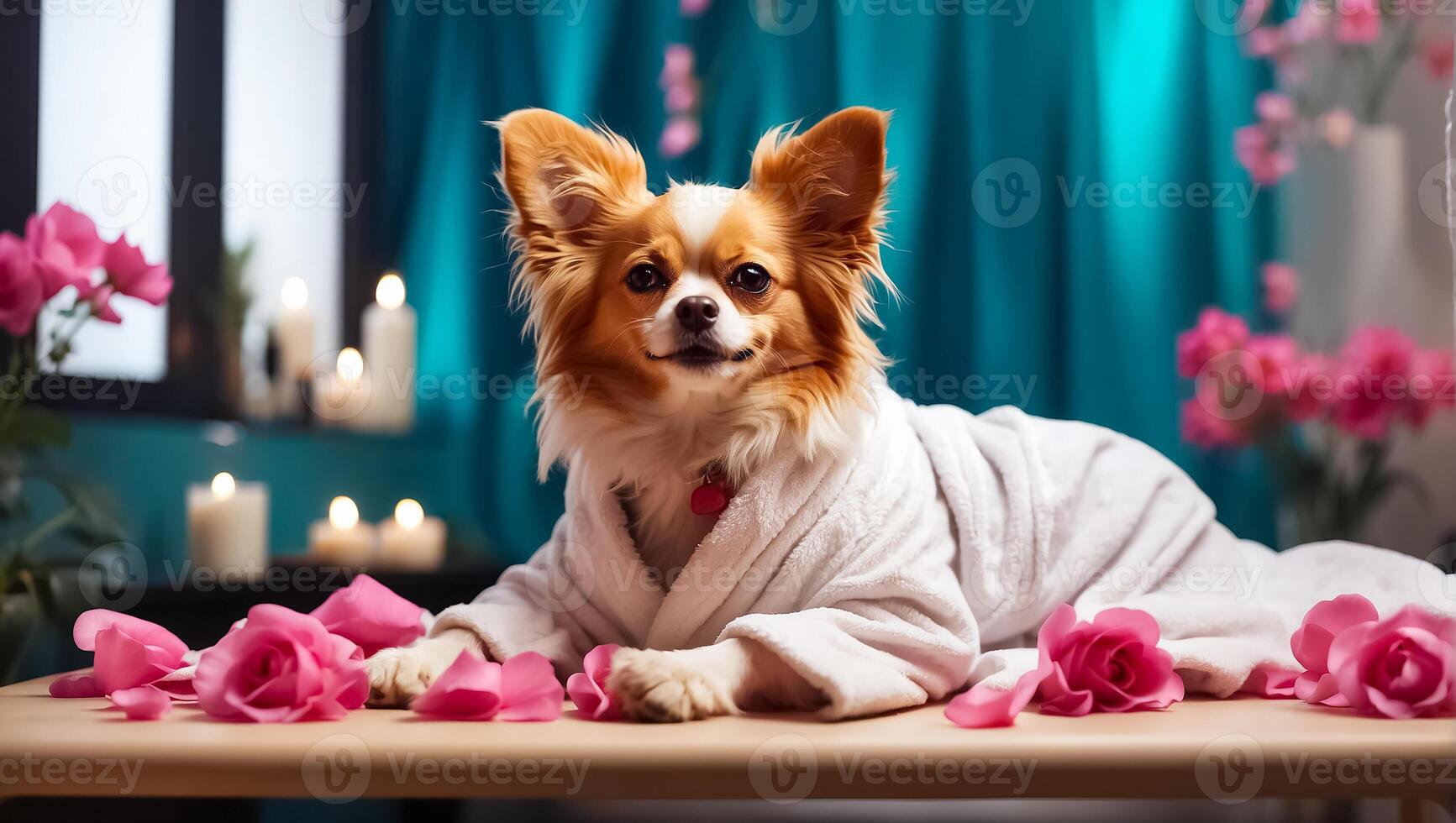 ai gegenereerd mooi hond in een badjas in een spa salon resting foto