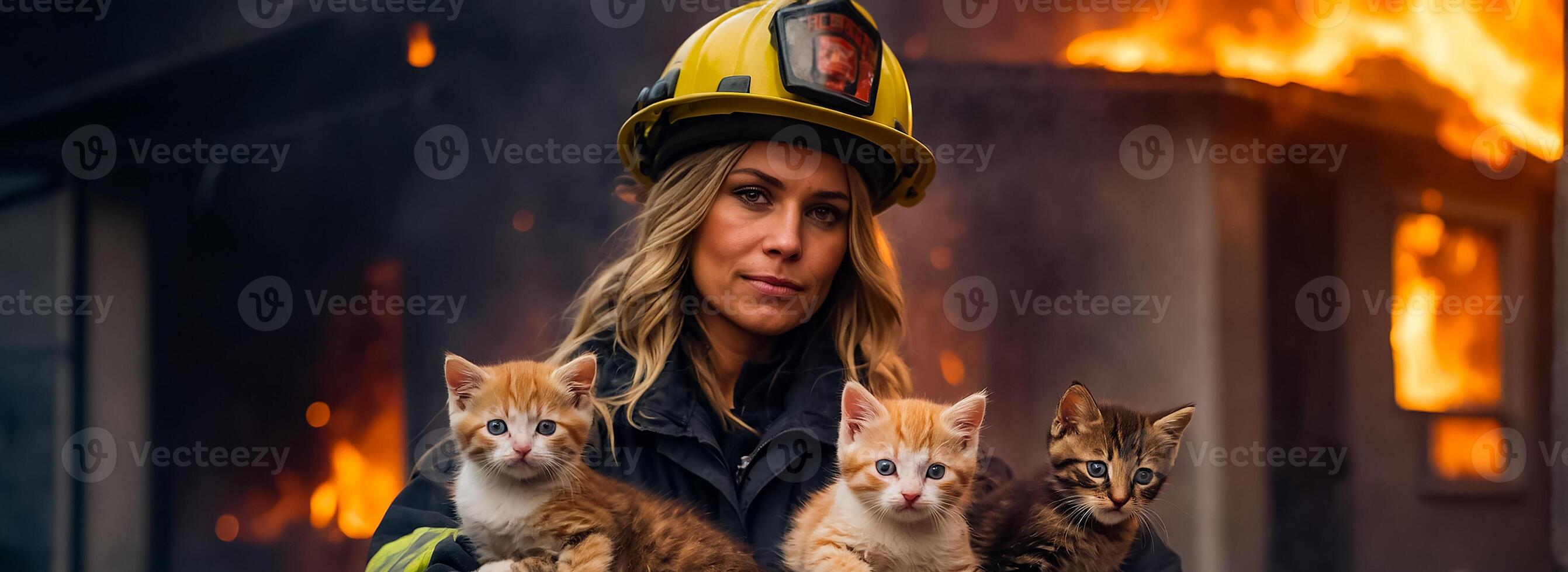 ai gegenereerd portret van een vrouw brandweerman Holding een gered katje in haar armen foto