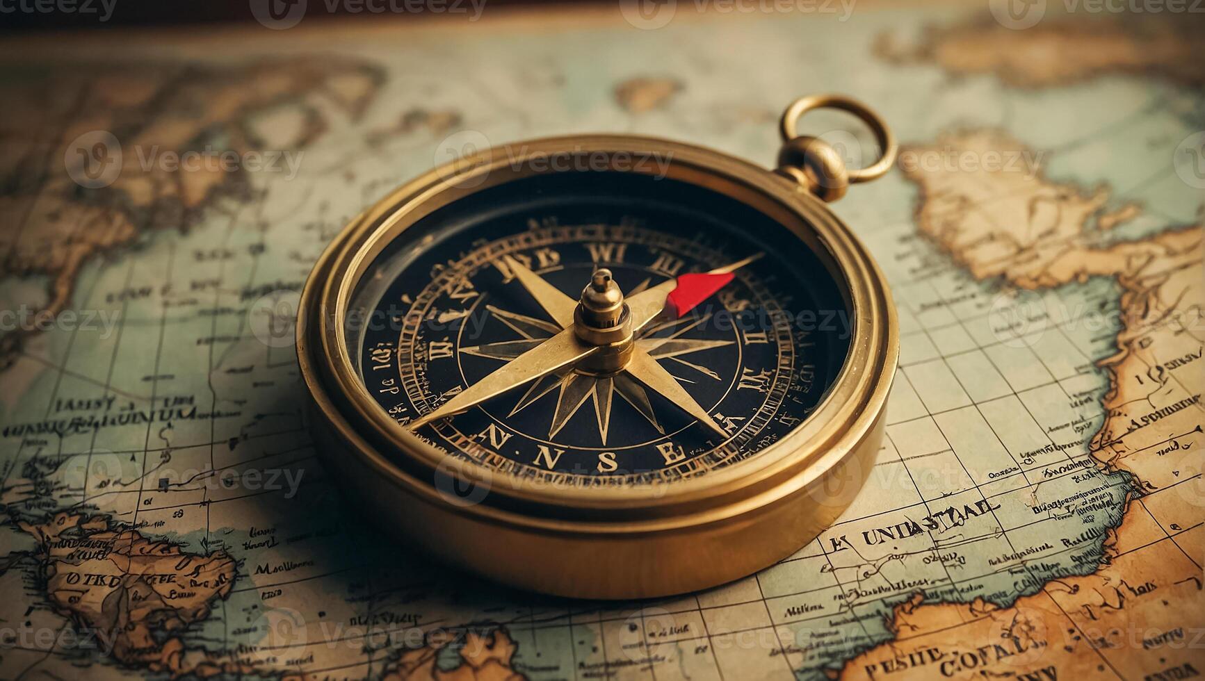 ai gegenereerd antiek wijnoogst kompas, wereld kaart foto