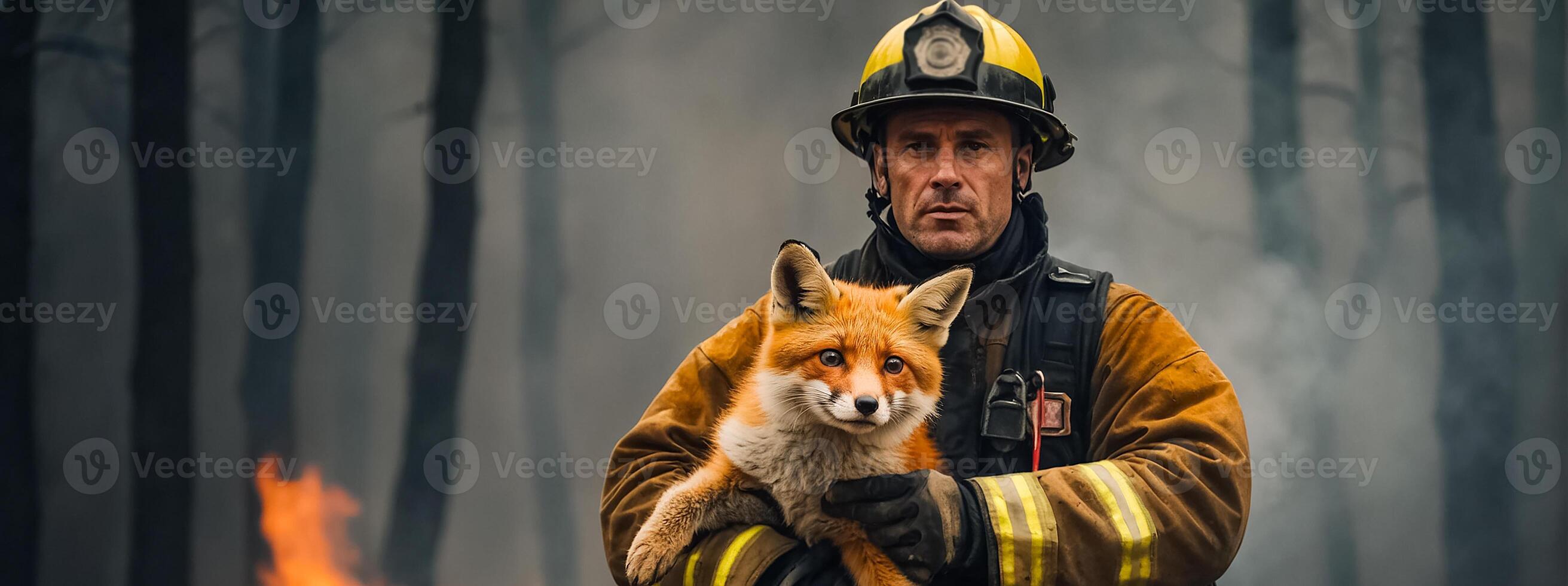 ai gegenereerd Mens brandweerman houdt een gered vos in haar armen dieren in het wild foto