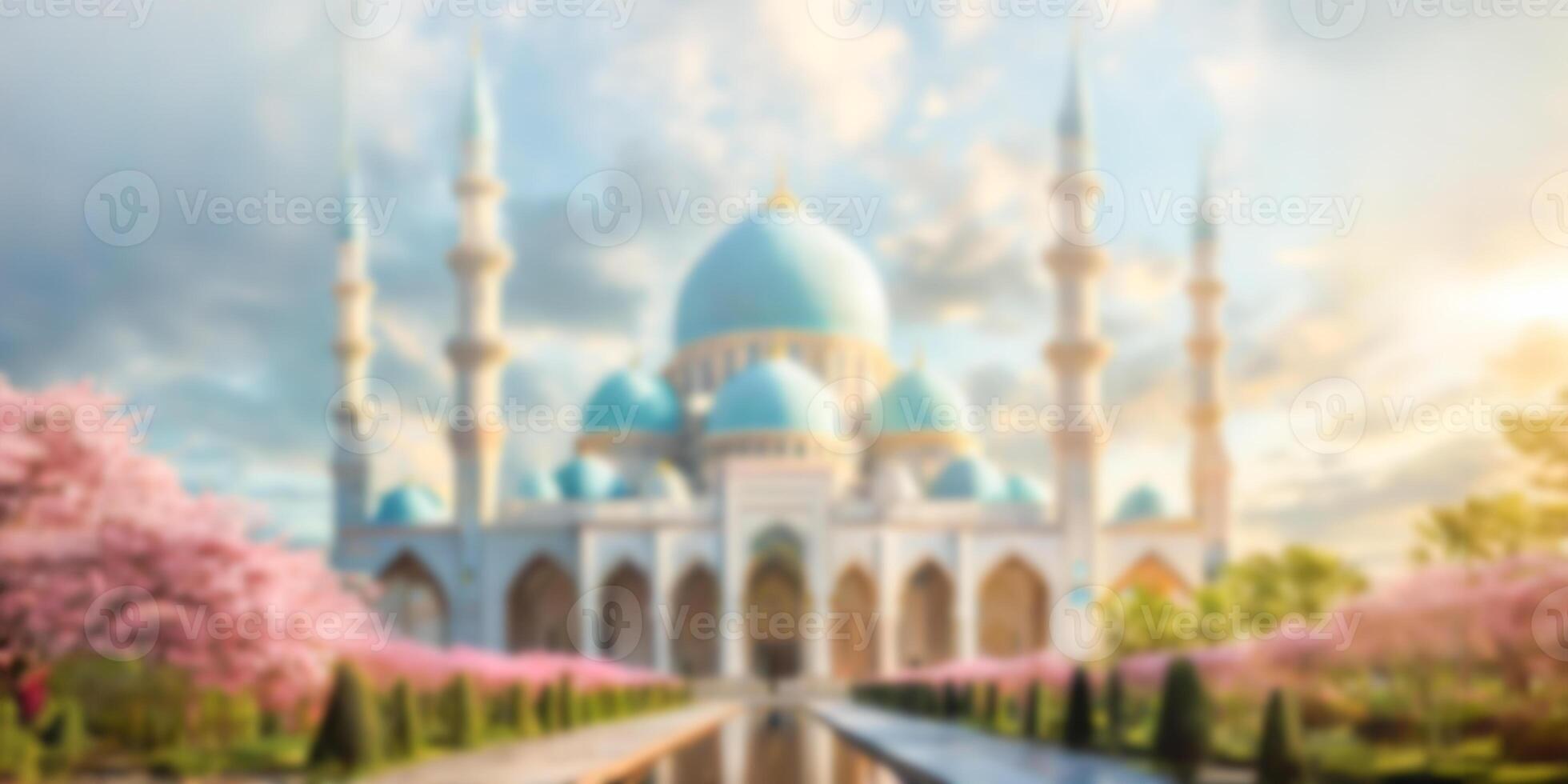 ai gegenereerd wazig visie van een majestueus moskee Bij zonsondergang, met een reflecterende zwembad en weelderig groen foto