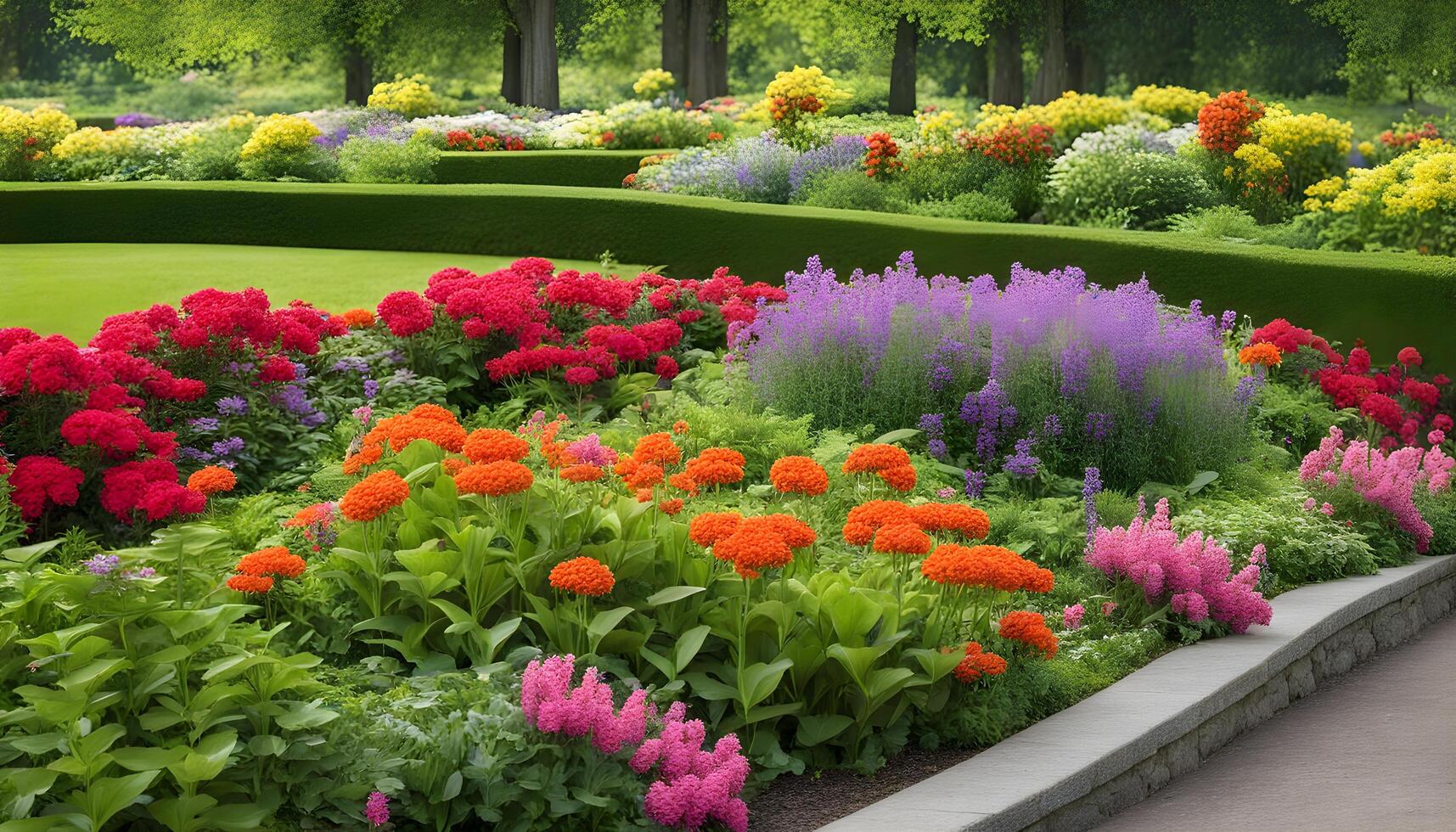 ai gegenereerd een mooi tuin met kleurrijk bloemen foto