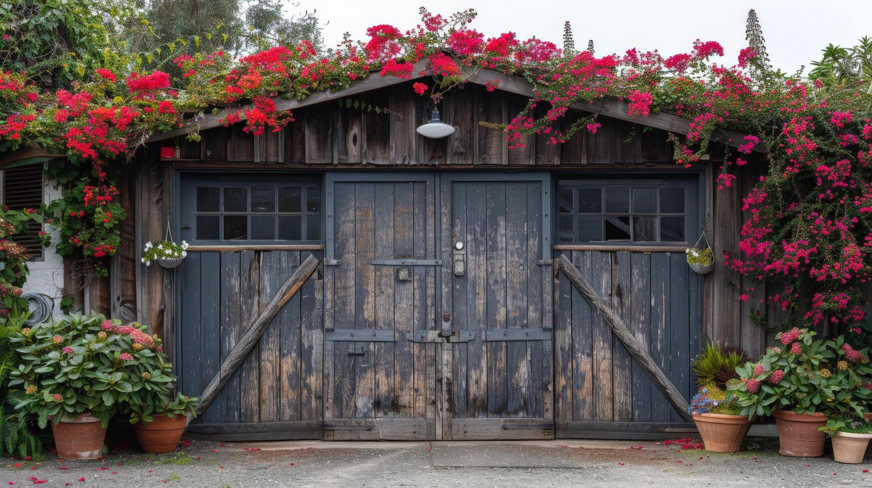 ai gegenereerd een houten garage deur met een verweerd af hebben, toevoegen karakter naar een charmant landelijke stijl huis foto