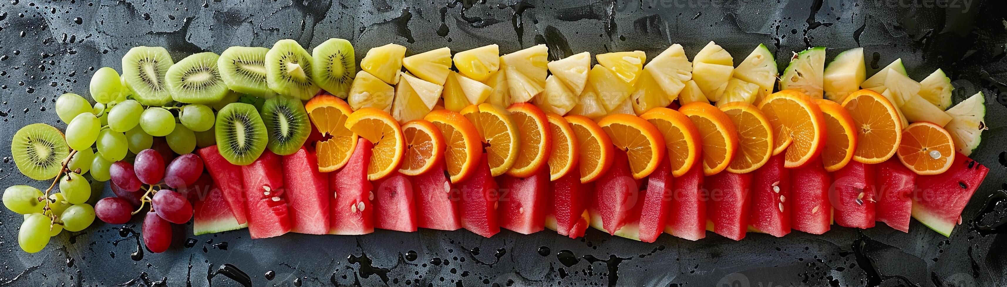 ai gegenereerd een levendig arrangement van gesneden fruit in een rangschikking van kleuren, generatief ai, achtergrond beeld foto