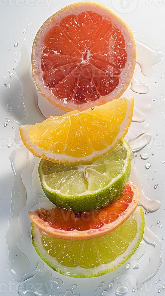 ai gegenereerd citrus plons, verfrissend medley van citrus fruit inclusief citroenen limoenen en grapefruits, generatief ai, achtergrond beeld foto