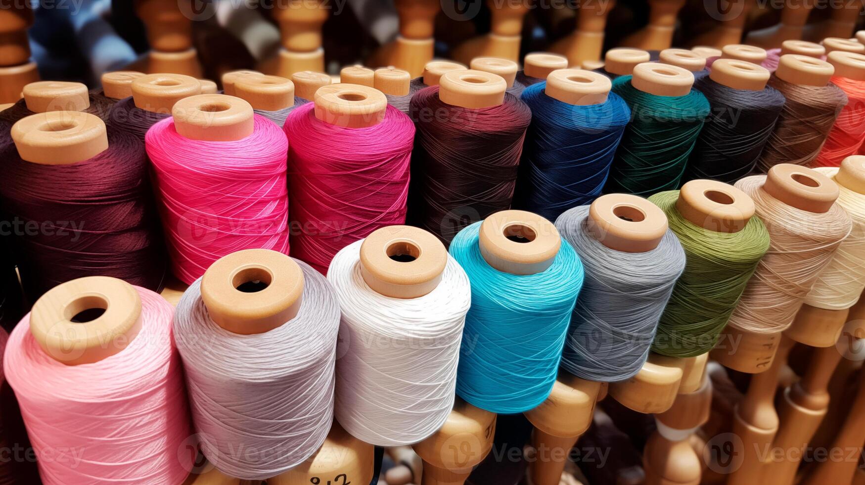 ai gegenereerd veelkleurig garen spoelen gebruikt in textiel industrie. reeks van gekleurde draden voor naaien Aan wikkelen. stapel van groot kleurrijk spoelen van draad. generatief ai foto